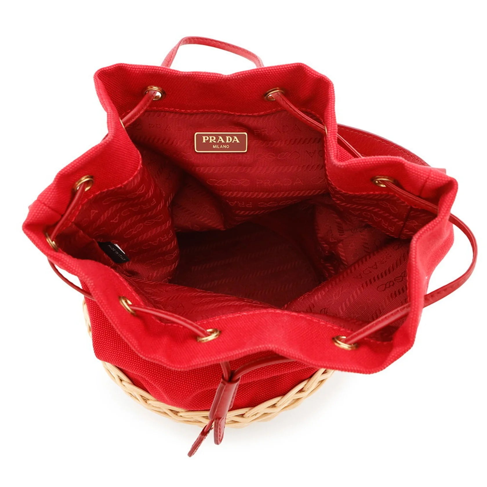 Prada Canapa e Rattan Bucket Bag Rosso – Medium - Etoilux