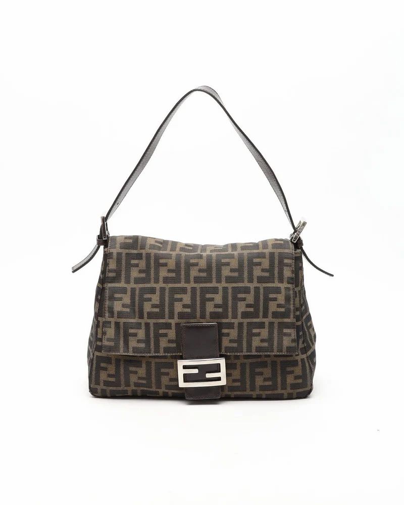 Fendi Mamma Baguette tela Zucca monogram marrone hardware argento
