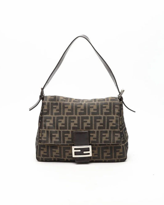 Fendi Mamma Baguette tela Zucca monogram marrone hardware argento