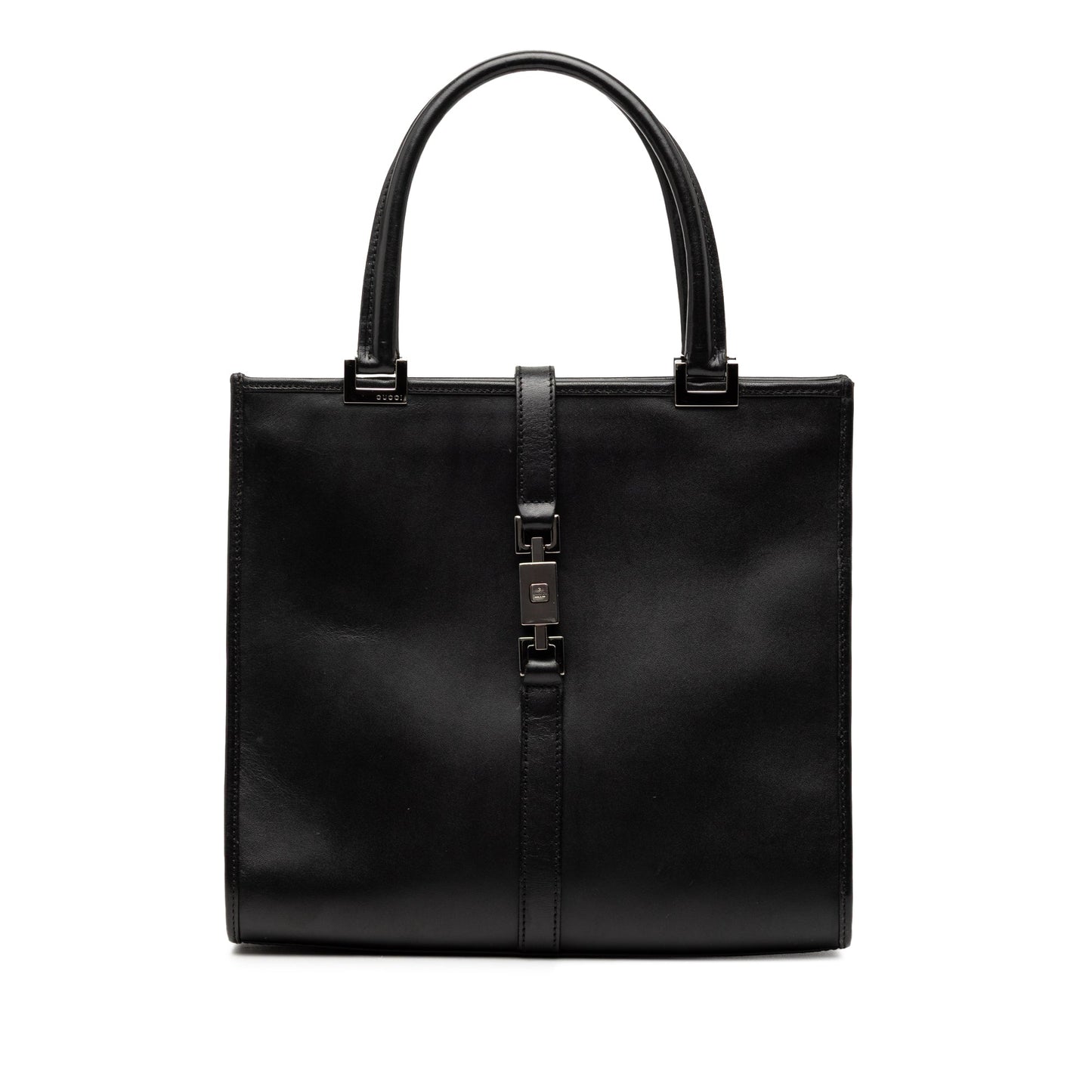 Gucci Jackie tote in pelle di vitello nera, vista frontale, hardware argentato