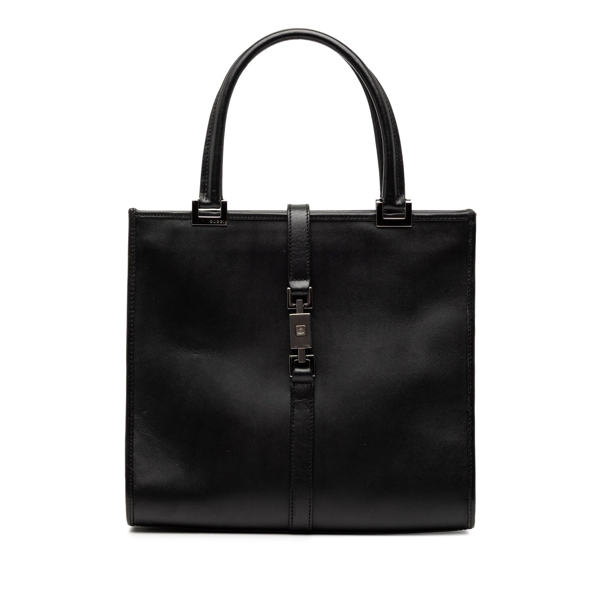 Gucci Jackie tote in pelle di vitello nera, vista frontale, hardware argentato