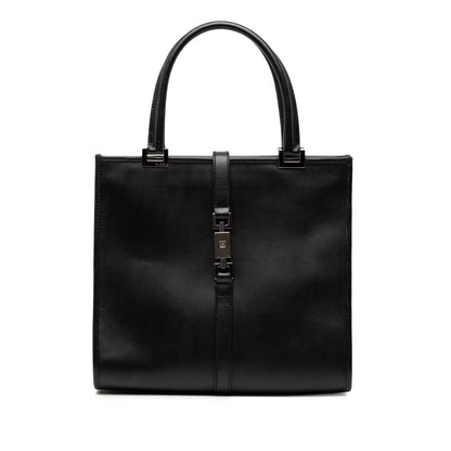 Gucci Jackie tote in pelle di vitello nera, vista frontale, hardware argentato