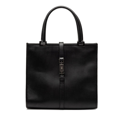 Gucci Jackie tote in pelle di vitello nera, vista frontale, hardware argentato