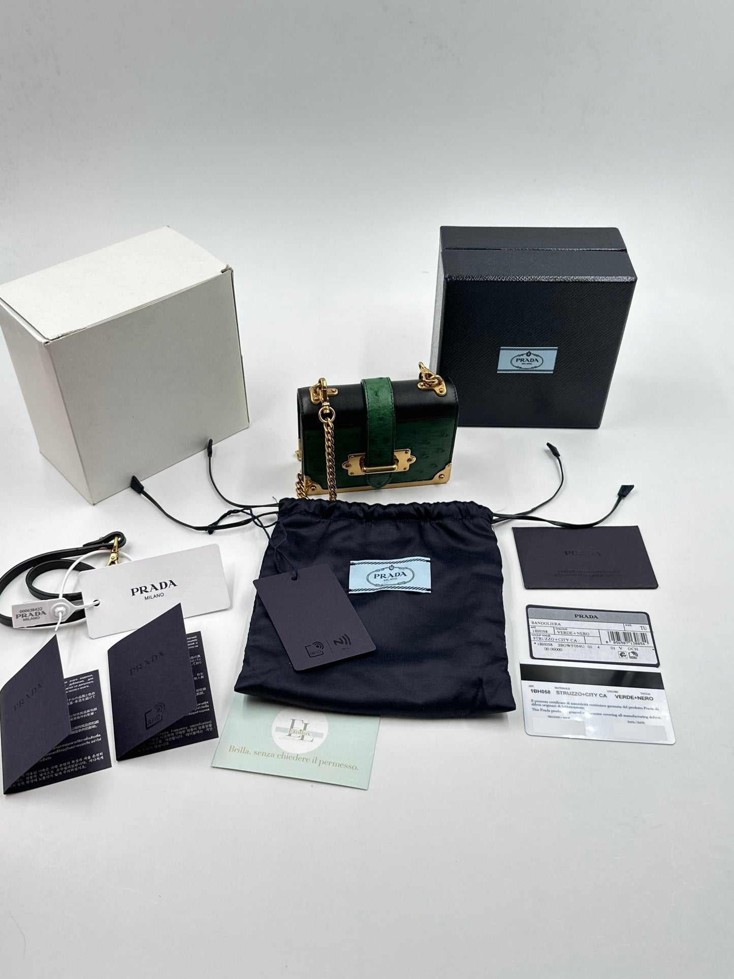 Prada Bandoliera 1BH058 Struzzo + City Verde + Nero – Hardware Oro – Full Set - Etoilux