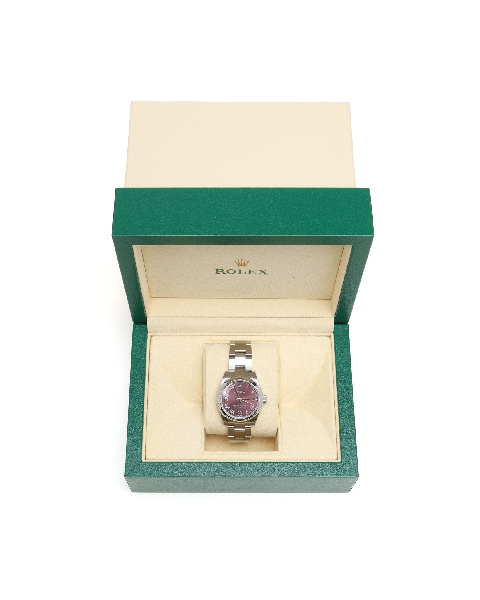 Rolex Oyster Perpetual 31mm — Quadrante Red Grape, Numeri Romani — Ref. 177200, ca. 2014 - Etoilux