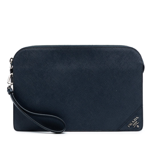 Prada pochette saffiano blu navy fronte con logo e polsino