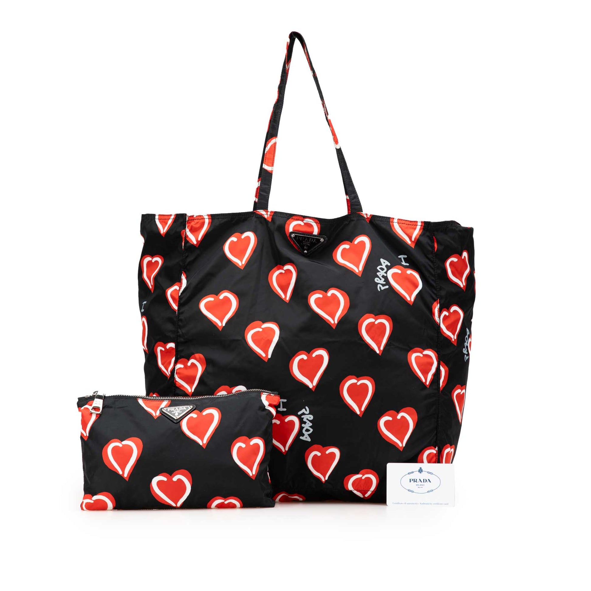 Prada – Tote in nylon stampato con cuori (“I Love Prada”) - Etoilux