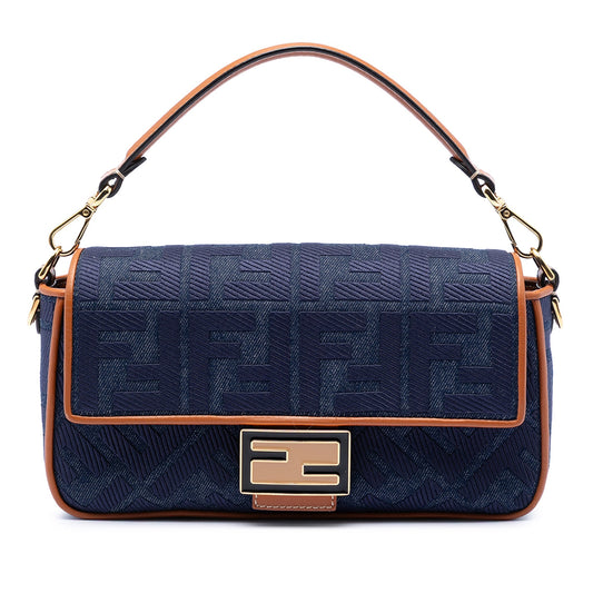 Borsa Fendi Baguette media jacquard FF effetto denim blu con manico in pelle cuoio e chiusura FF dorata