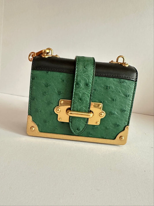 Prada Bandoliera Struzzo Verde & Nero – Full Set, Nuova - Etoilux