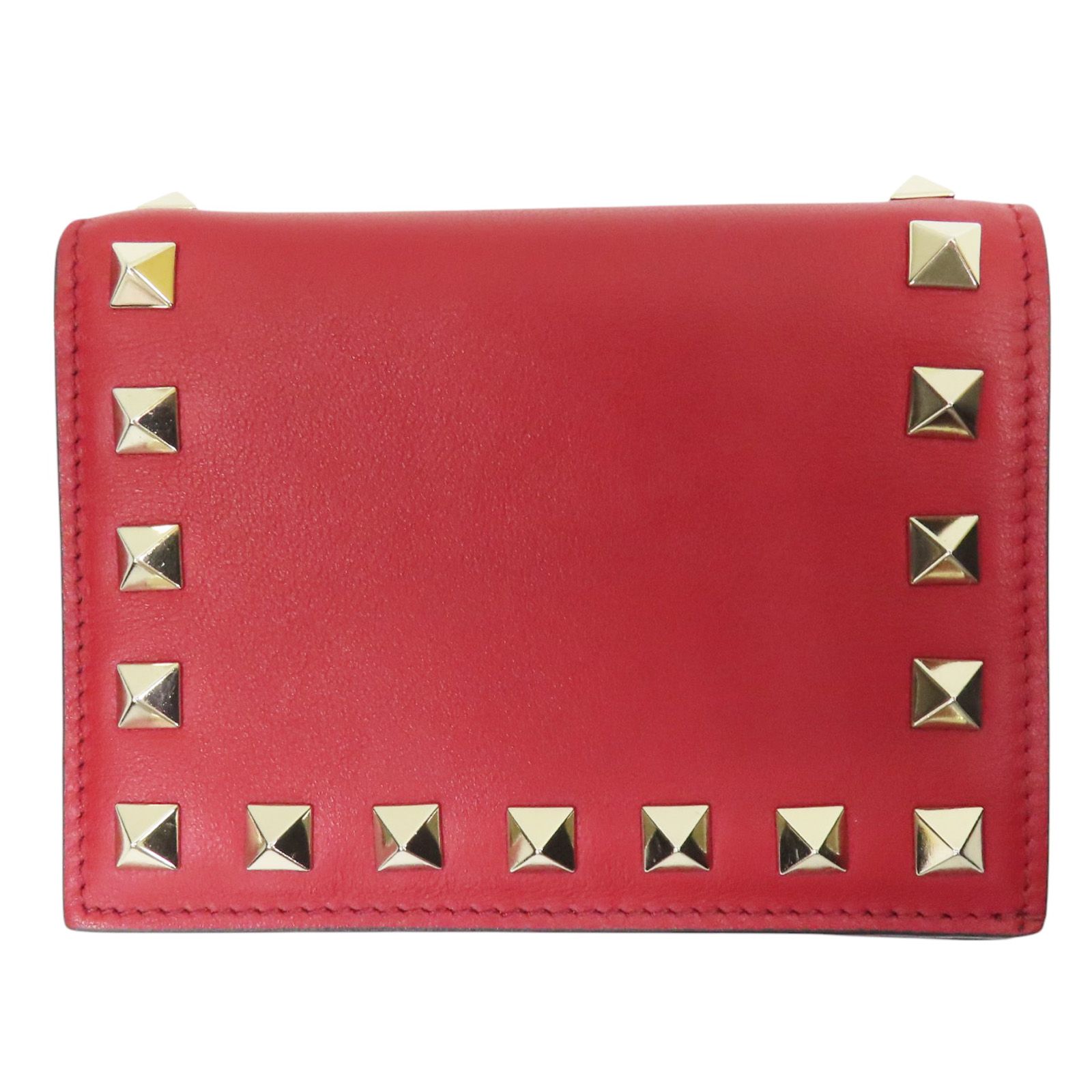 Valentino Garavani Rockstud Portafoglio Bifold Pelle Vitello Rosso Hardware Oro - Etoilux