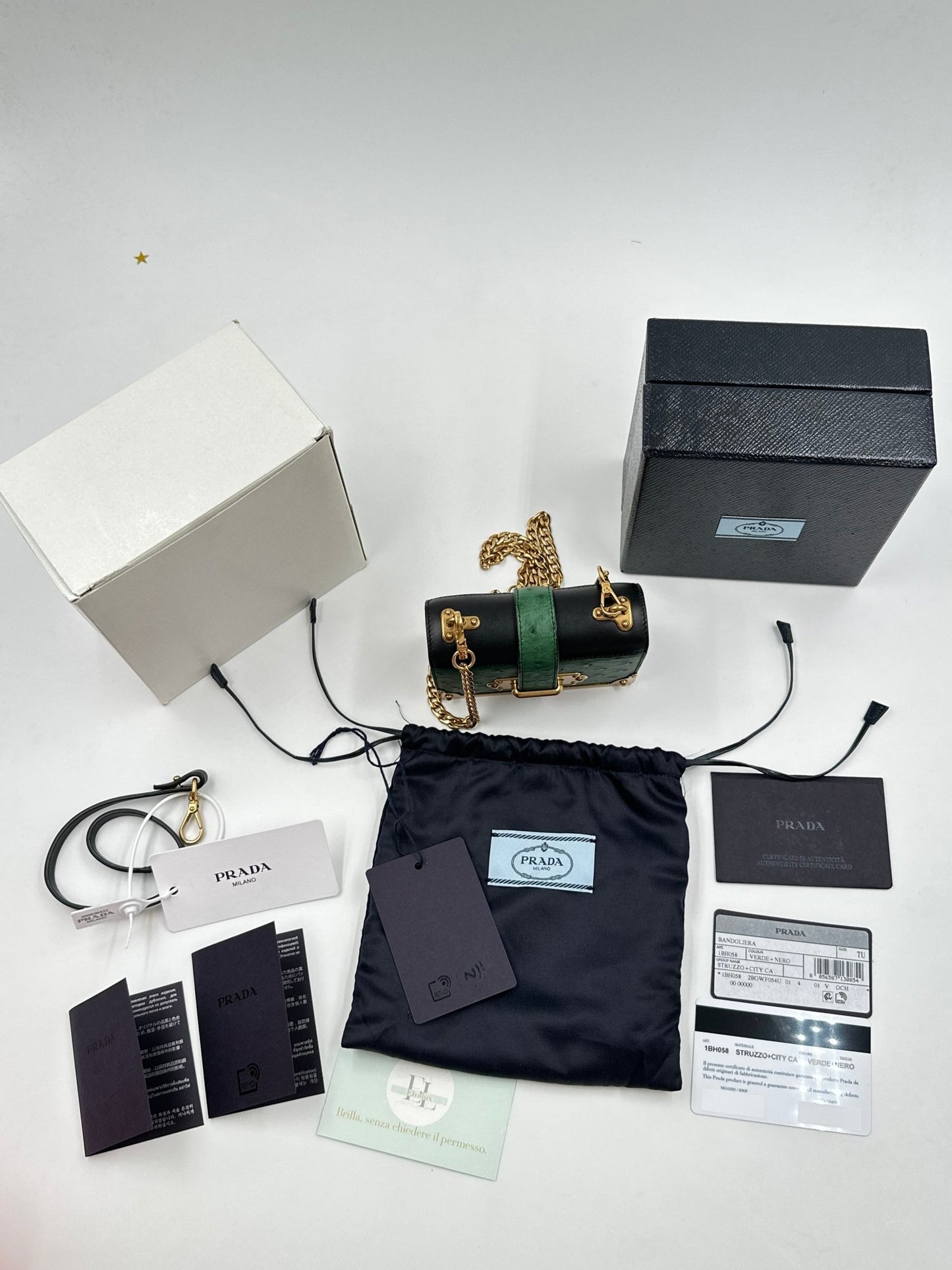 Prada Bandoliera 1BH058 Struzzo + City Verde + Nero – Hardware Oro – Full Set - Etoilux