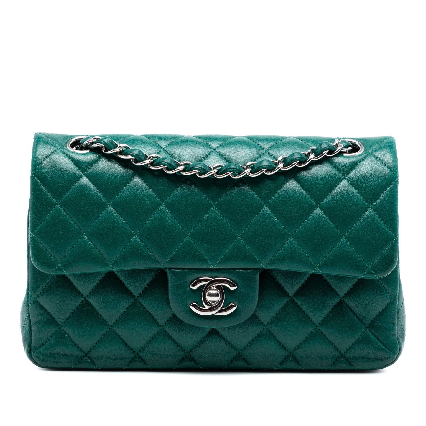 Vista frontale Chanel Classic Flap Small verde smeraldo hardware argento