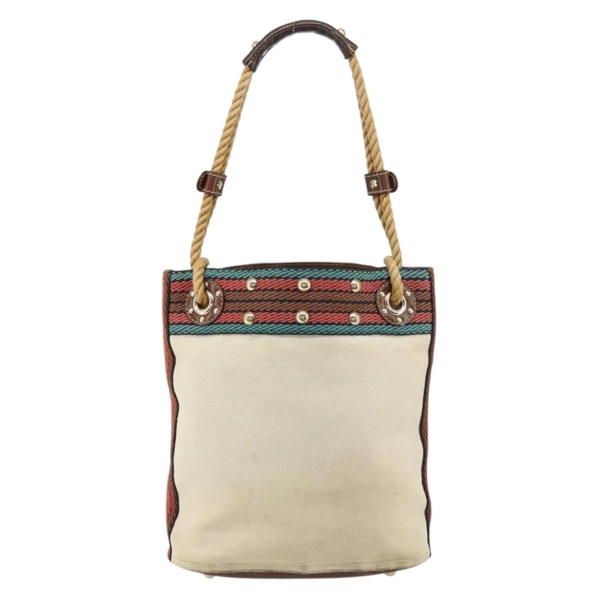Gucci Vintage Bamboo Bucket Bag Canvas Beige Web Stripe – 23 cm - Etoilux