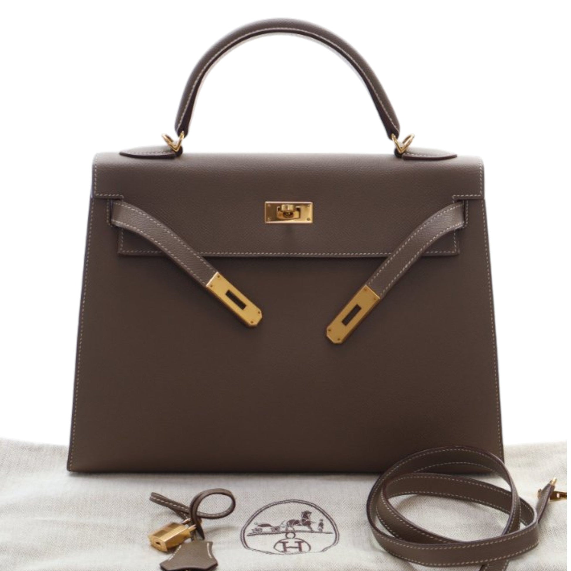 Hermès Kelly Sellier 32 Epsom Etoupe Hardware Oro | Etoilux