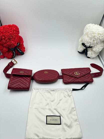 Gucci GG Marmont Multi Pochette Belt Bag Pelle Matelassé Rossa – Set 3 Pezzi - Etoilux