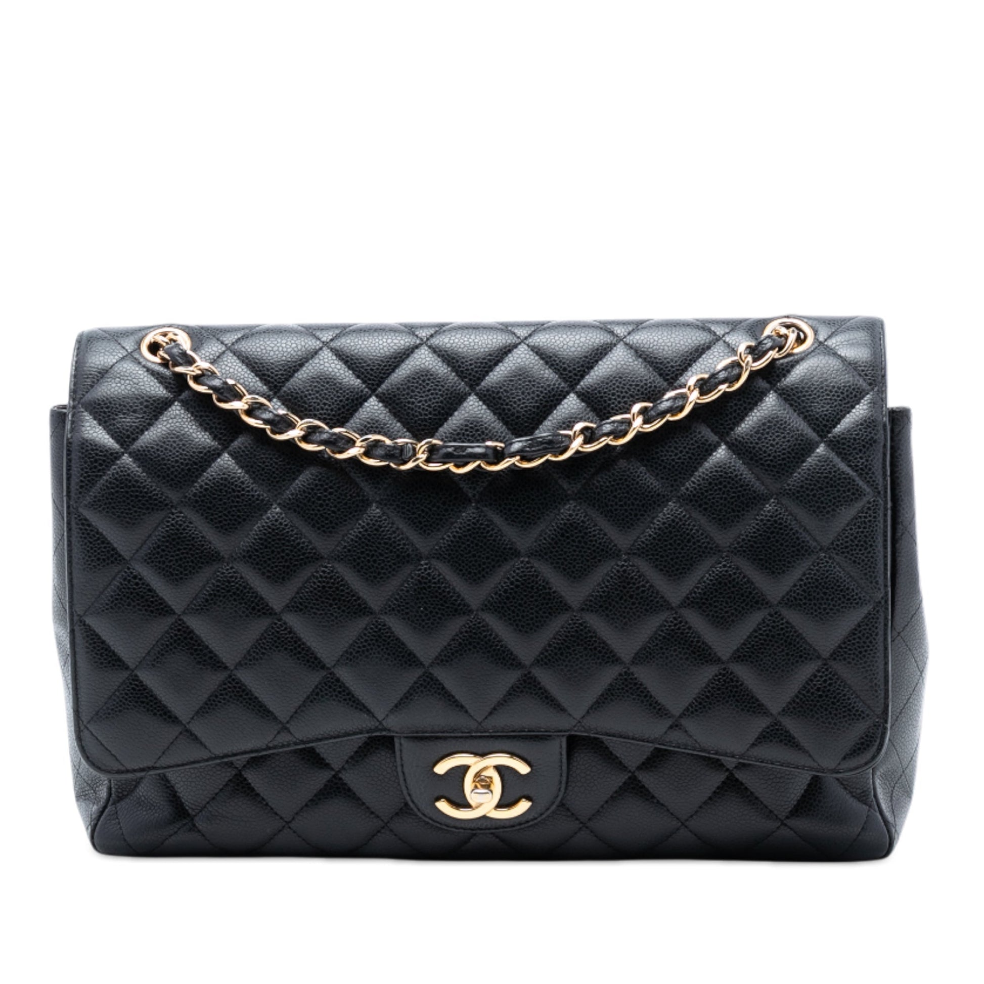 Chanel Classic Maxi Double Flap pelle caviar nera 2012 hardware dorato misura 33 cm interno bordeaux