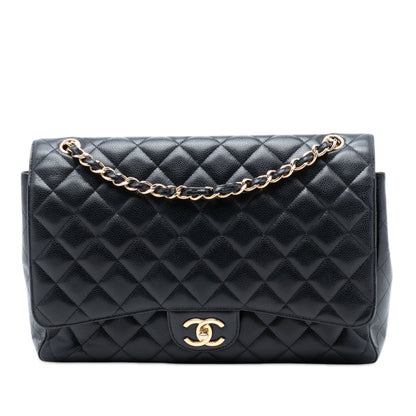 Chanel Classic Maxi Double Flap pelle caviar nera 2012 hardware dorato misura 33 cm interno bordeaux