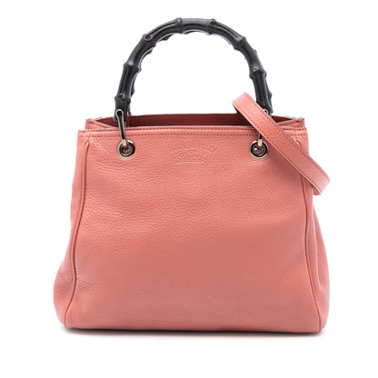 Gucci Bamboo Small Shopper pelle rosa corallo fronte con manico bambù