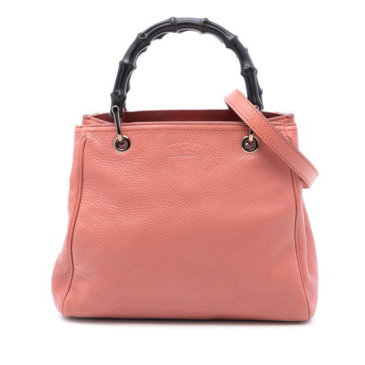 Gucci Bamboo Small Shopper pelle rosa corallo fronte con manico bambù