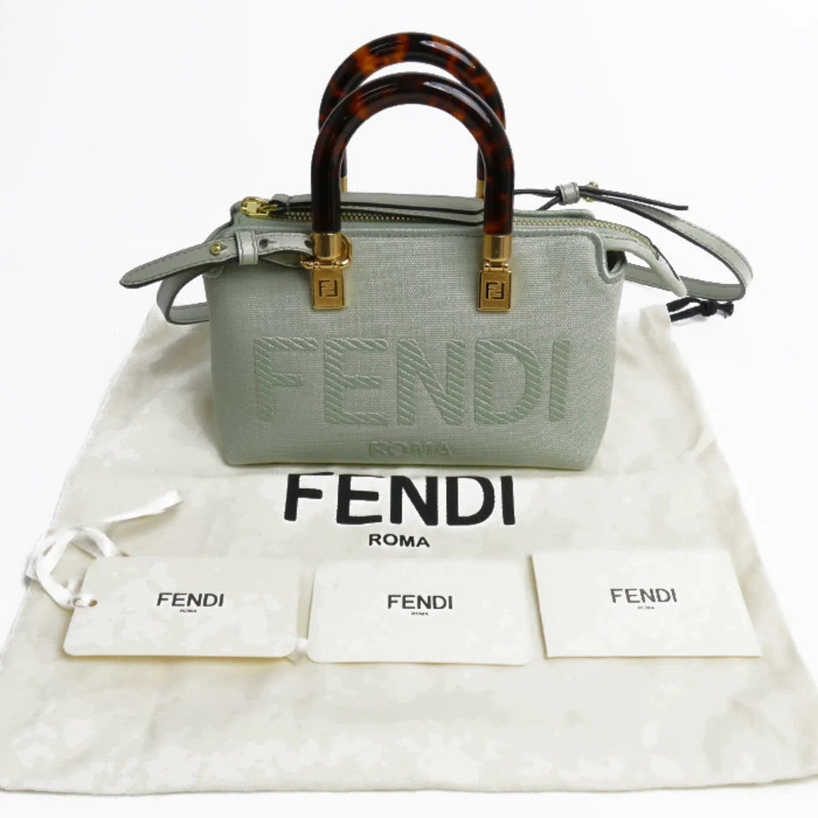 Fendi By The Way Mini in Tela e Pelle Verde Chiaro con Manici Tartarugati – Condizioni A - Etoilux