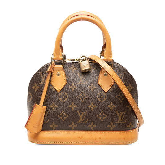 Louis Vuitton Alma BB Monogram Canvas vachetta vista frontale lucchetto dorato