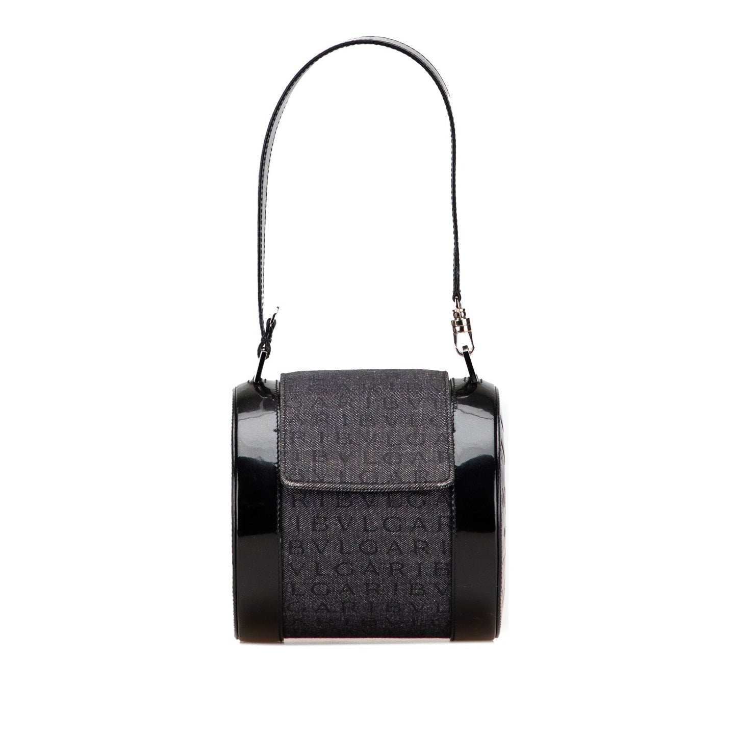 Bvlgari Mini Cylinder Logomania in denim con finiture in pelle verniciata – Nero - Etoilux