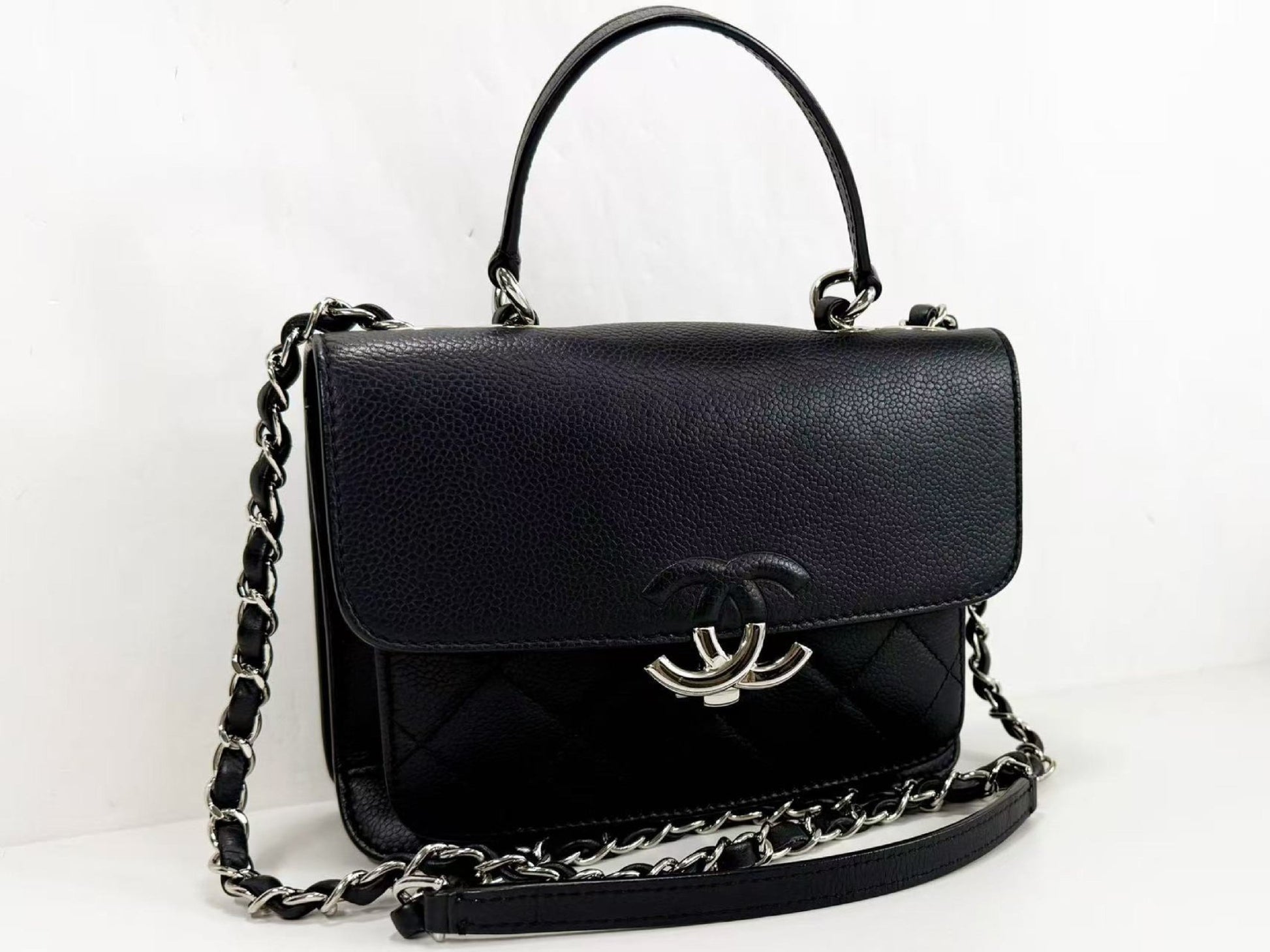 Chanel Coco Logo Top Handle Flap Bag Caviar Nero Hardware Silver — Nuova con Sigillo - Etoilux