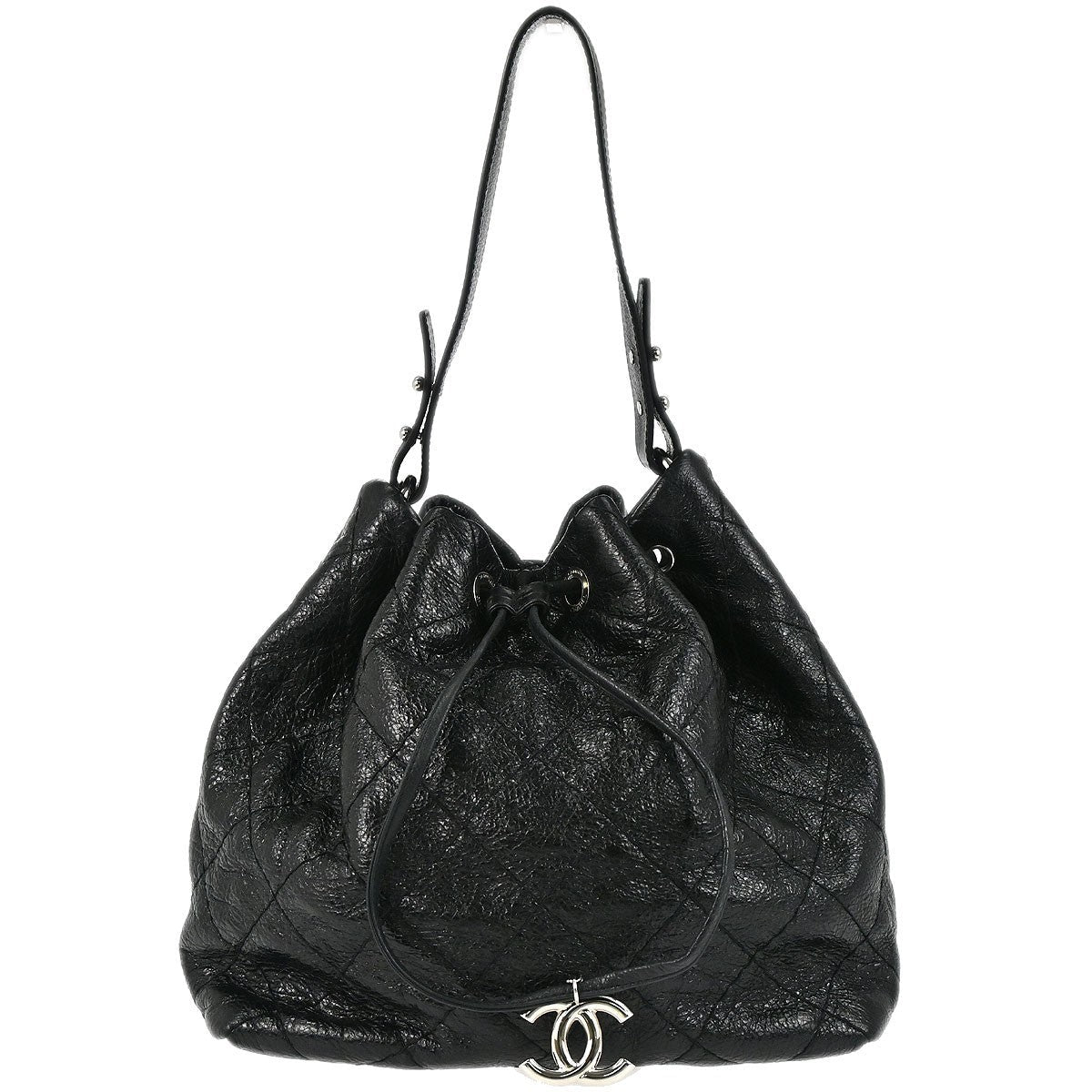 Chanel On the Road bucket bag vitello crinkled nero vista frontale