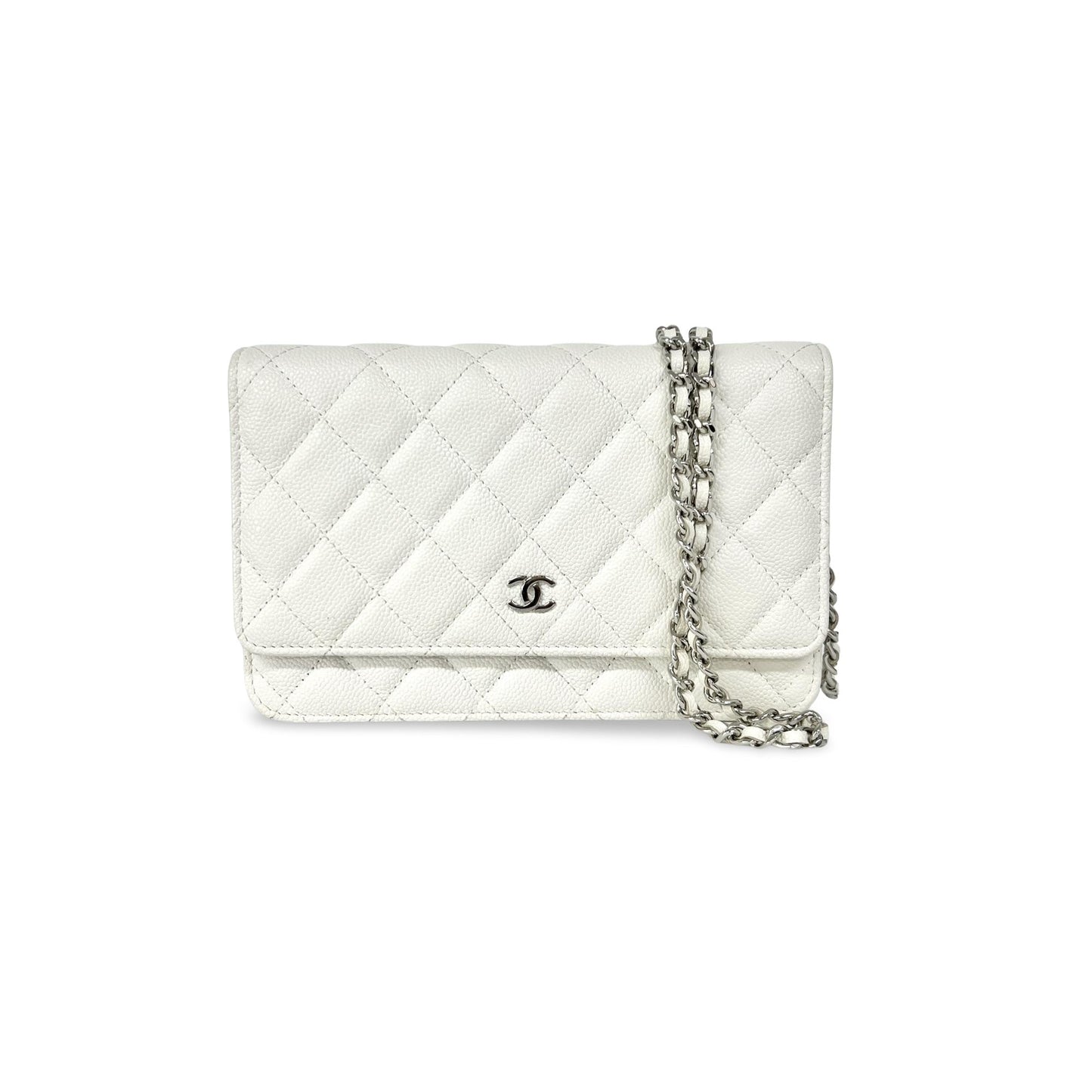 Chanel Wallet on Chain in pelle caviar bianca trapuntata con CC argentato e catena intrecciata