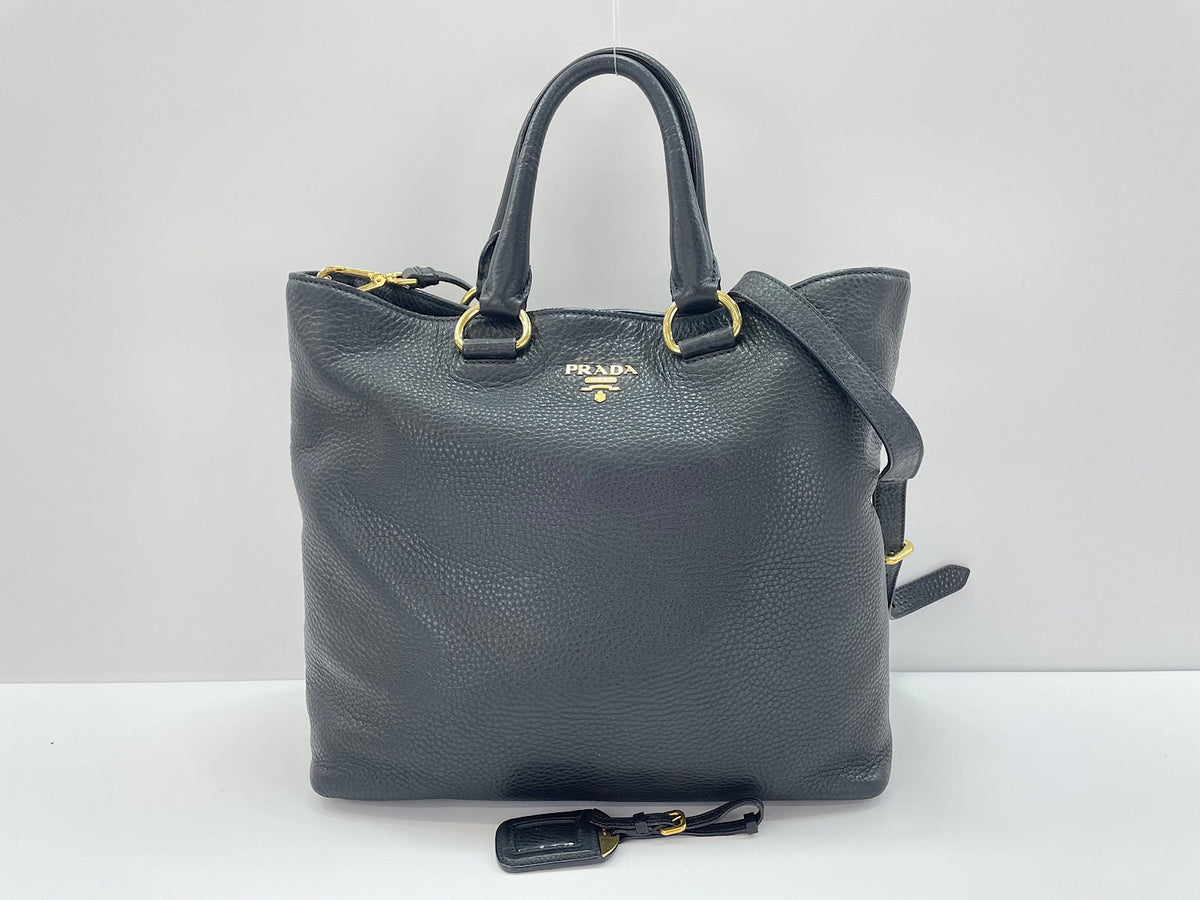 Prada Tote Convertibile Vitello Daino Nera Hardware Oro - Etoilux