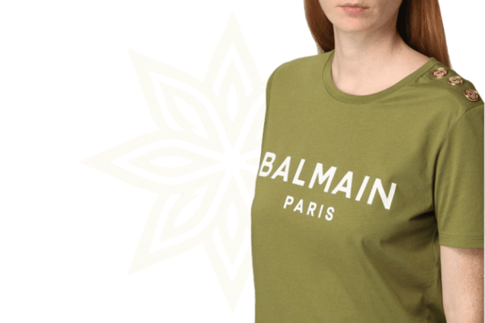 T-shirt Balmain Paris in cotone verde con bottoni dorati – Nuova con etichette - Etoilux
