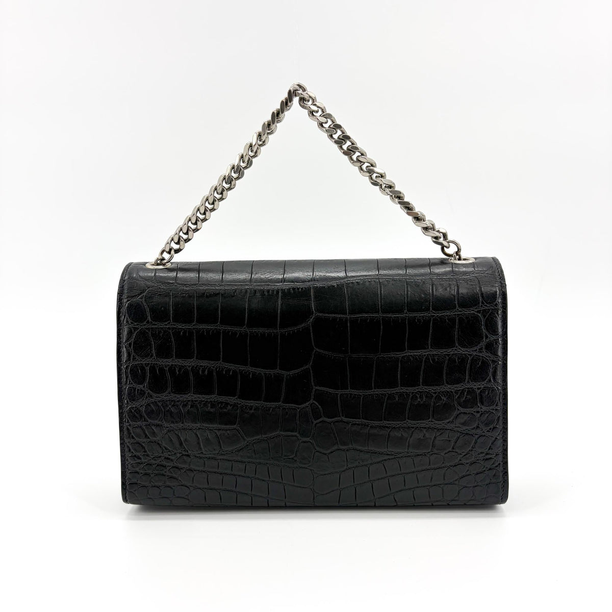 Saint Laurent Kate Medium Croc-Embossed Shoulder Bag Black Silver Hardware - Etoilux