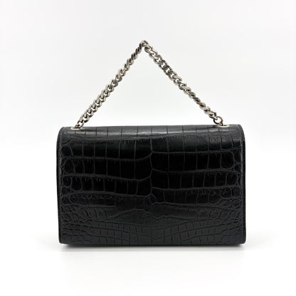 Saint Laurent Kate Medium Croc-Embossed Shoulder Bag Black Silver Hardware - Etoilux