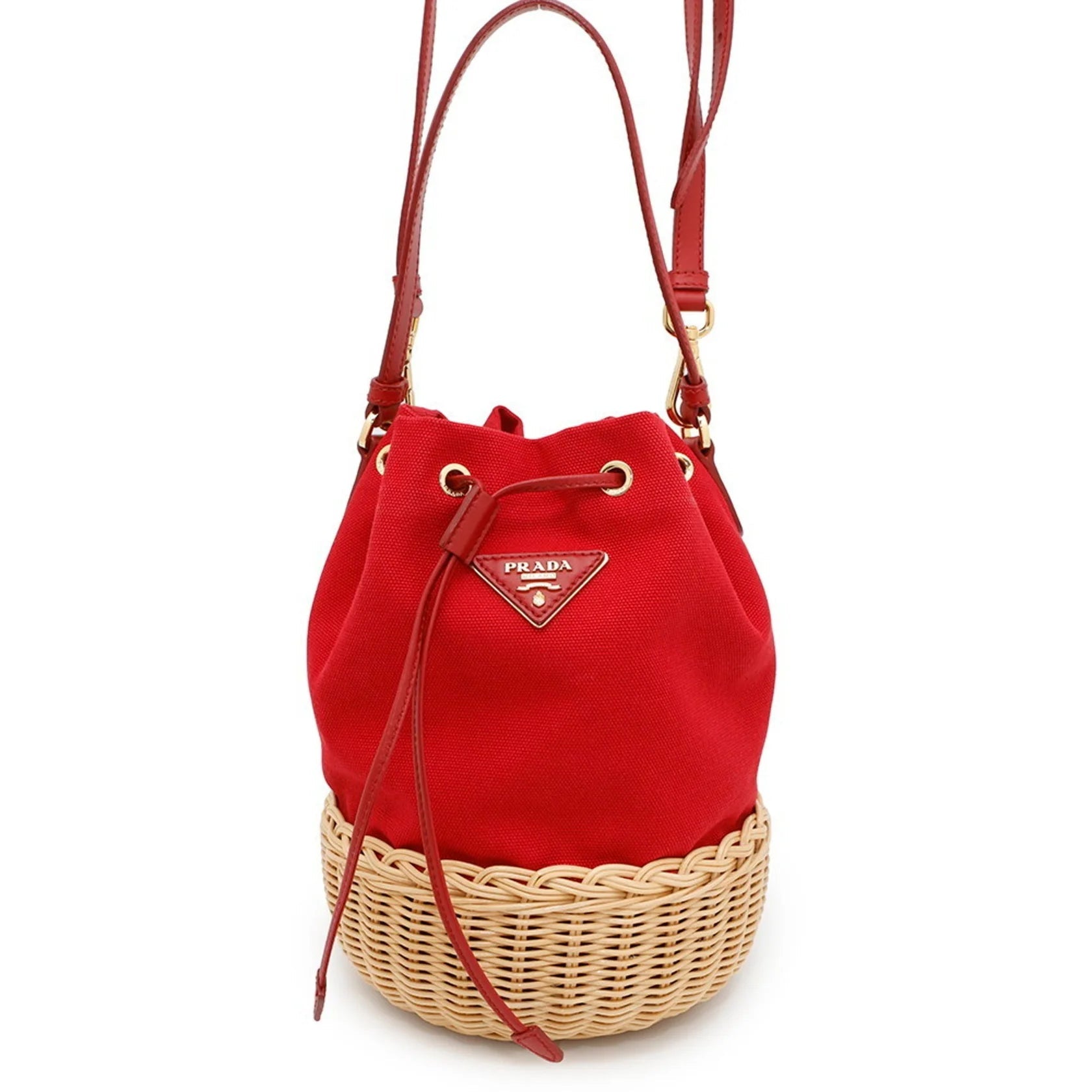 Borsa Prada bucket in tela rossa e rattan intrecciato