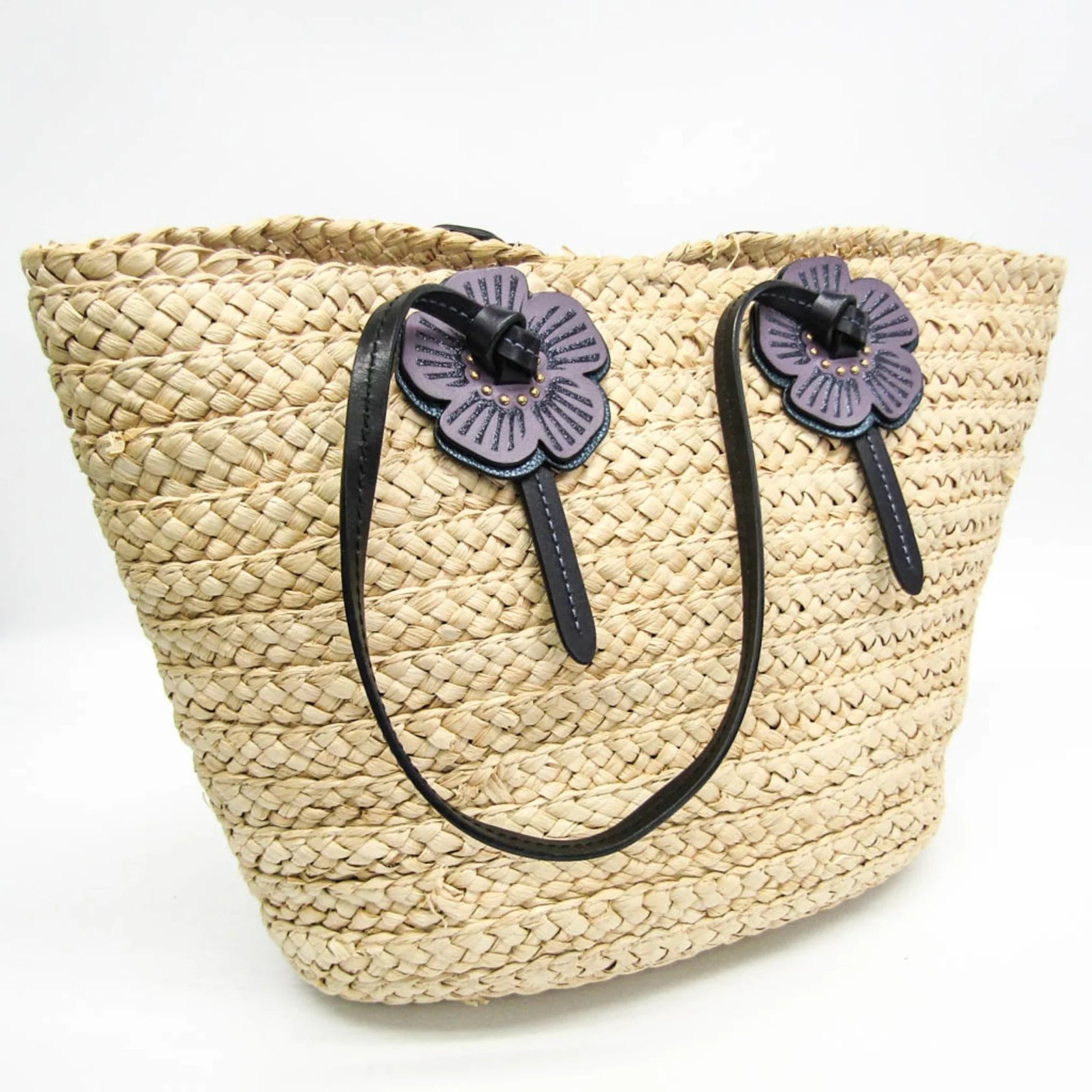 Coach Borsa tote da donna in pelle e paglia intrecciata Coach con motivo Tea Rose, beige e viola - Etoilux