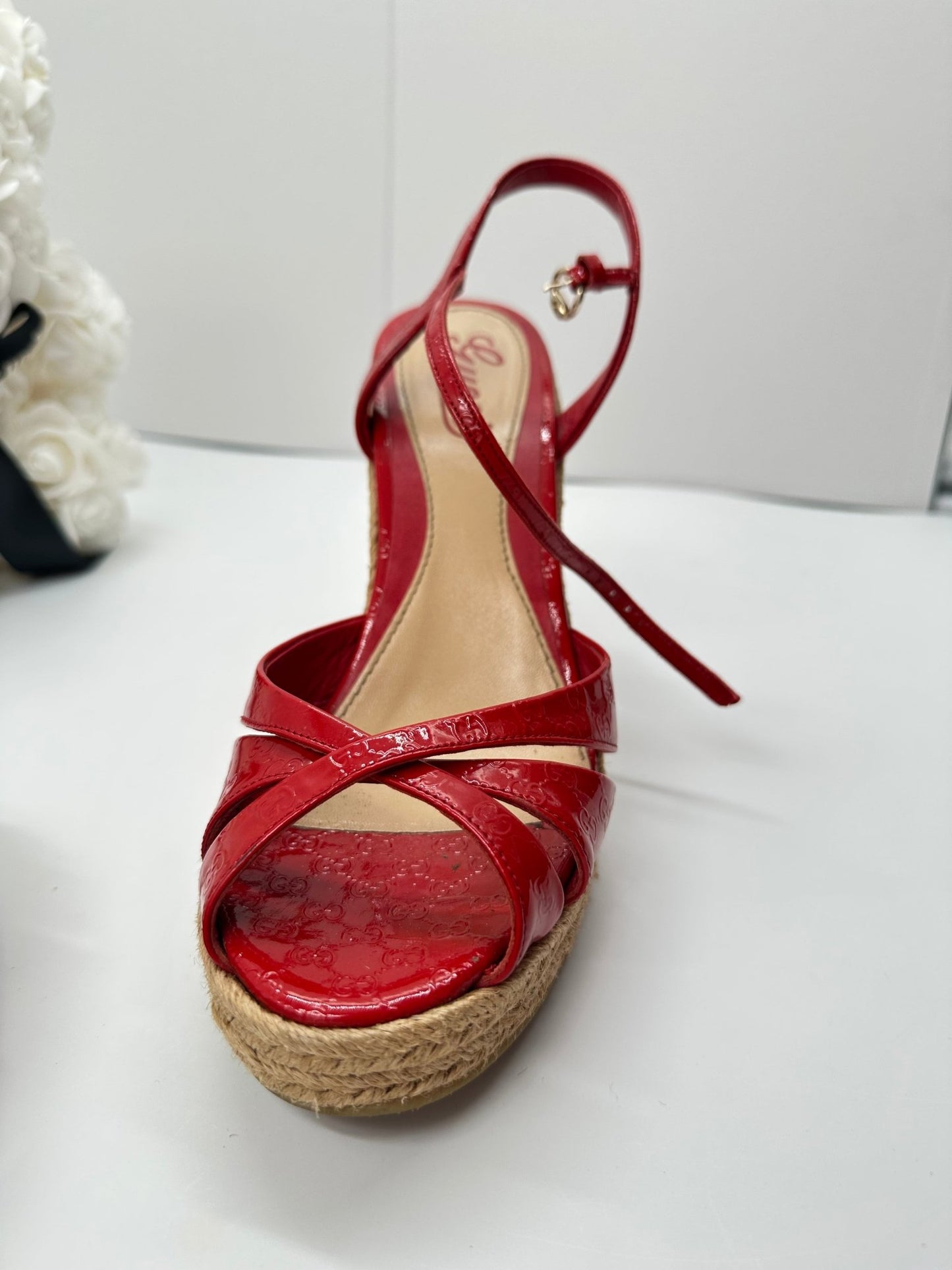 Gucci Penelope Sandalo Espadrille Zeppa Micro Guccissima Patent Leather Rosso – Size 39 - Etoilux