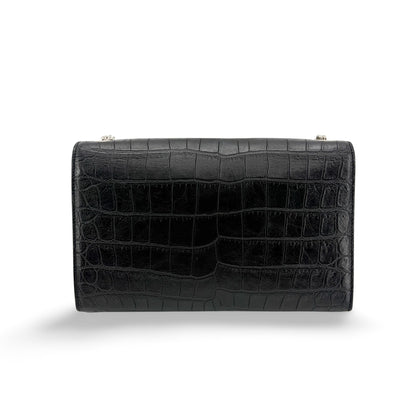 Saint Laurent Medium Kate Tassel Shoulder Bag Crocodile Embossed Black Silver Hardware - Etoilux