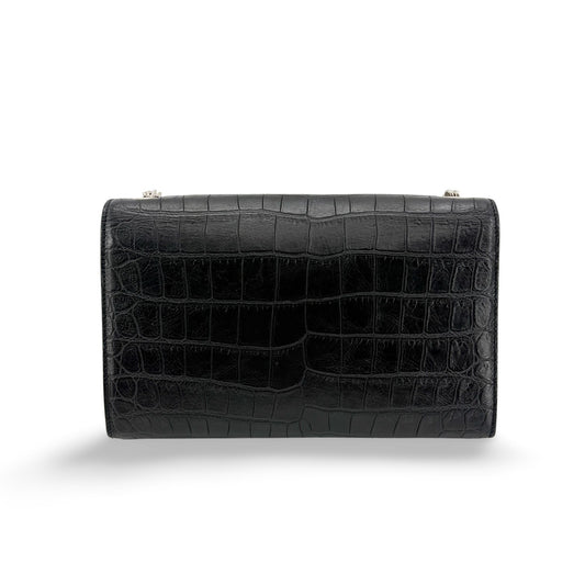 Saint Laurent Medium Kate Tassel Shoulder Bag Crocodile Embossed Black Silver Hardware - Etoilux