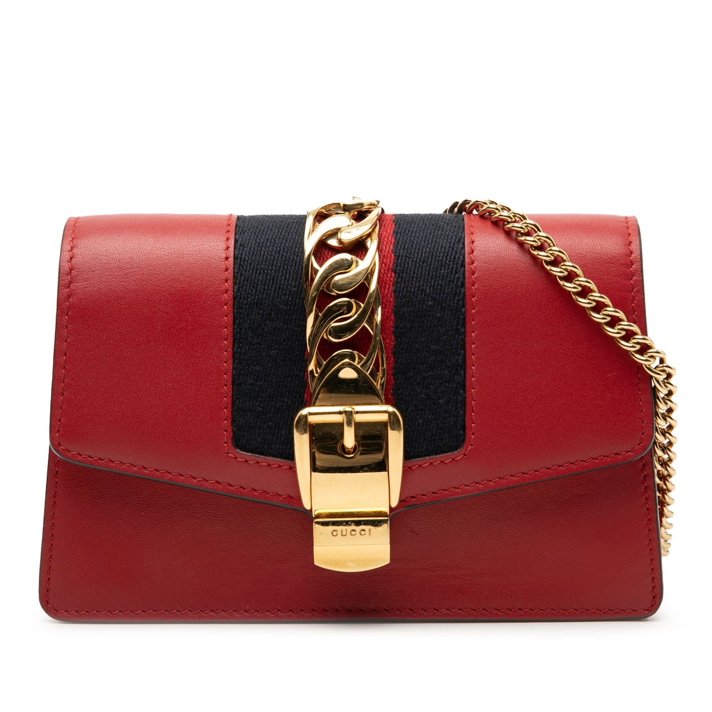 Gucci Sylvie Mini Pelle Rossa Web Stripe Catena Oro — Autentica | Etoilux