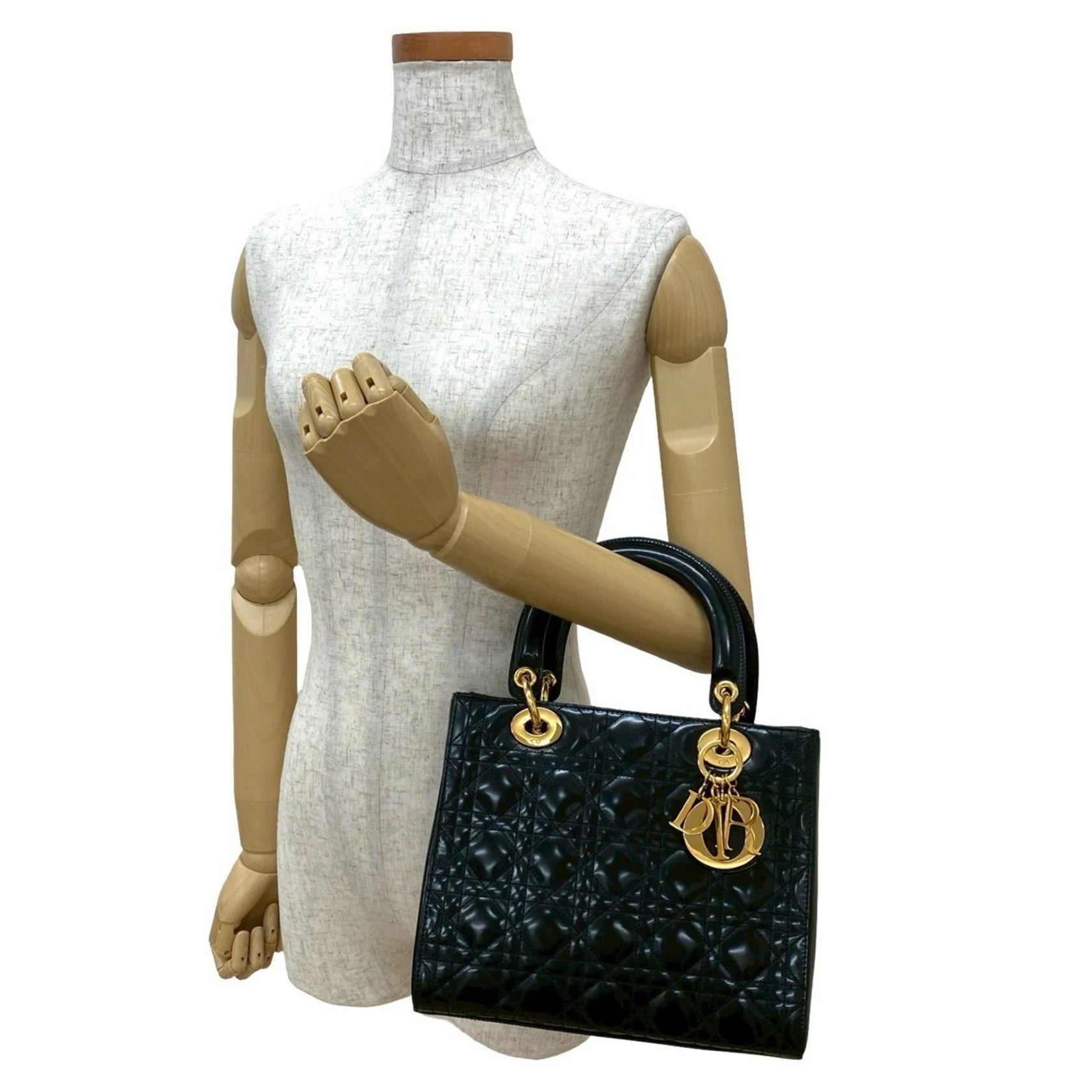 Christian Dior Borsa a mano Christian Dior Lady Cannage Stitch in pelle verniciata nera (43172) - Etoilux