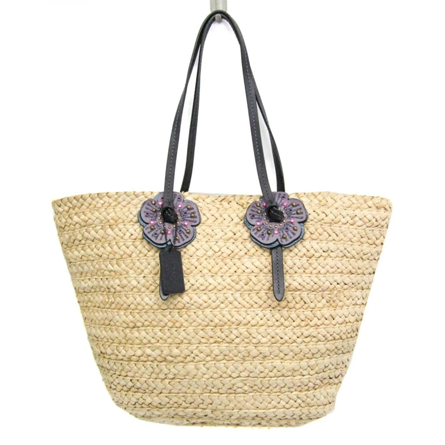 Coach Borsa tote da donna in pelle e paglia intrecciata Coach con motivo Tea Rose, beige e viola - Etoilux