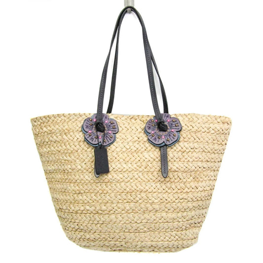 Coach Borsa tote da donna in pelle e paglia intrecciata Coach con motivo Tea Rose, beige e viola - Etoilux