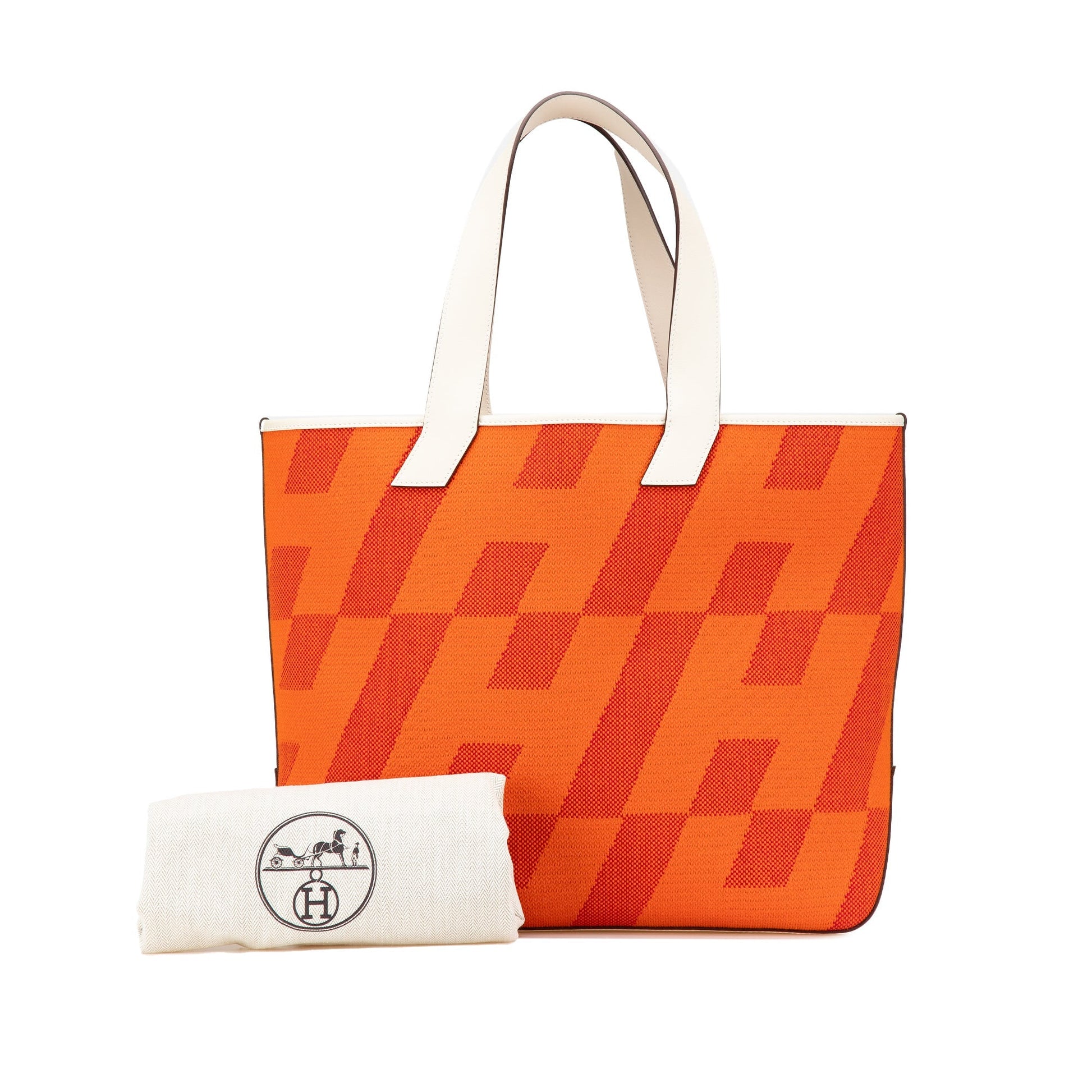 Hermès Cabas H en Biais 40 Toile arancione motivo H fronte / 3/4 / base pelle Swift bianca 