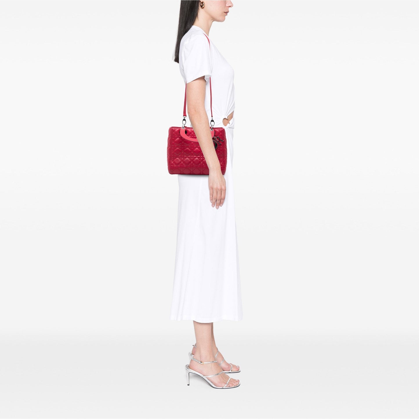 Christian Dior Lady Dior Medium Pelle di Agnello Rossa Hardware Argento — 23,5 cm - Etoilux