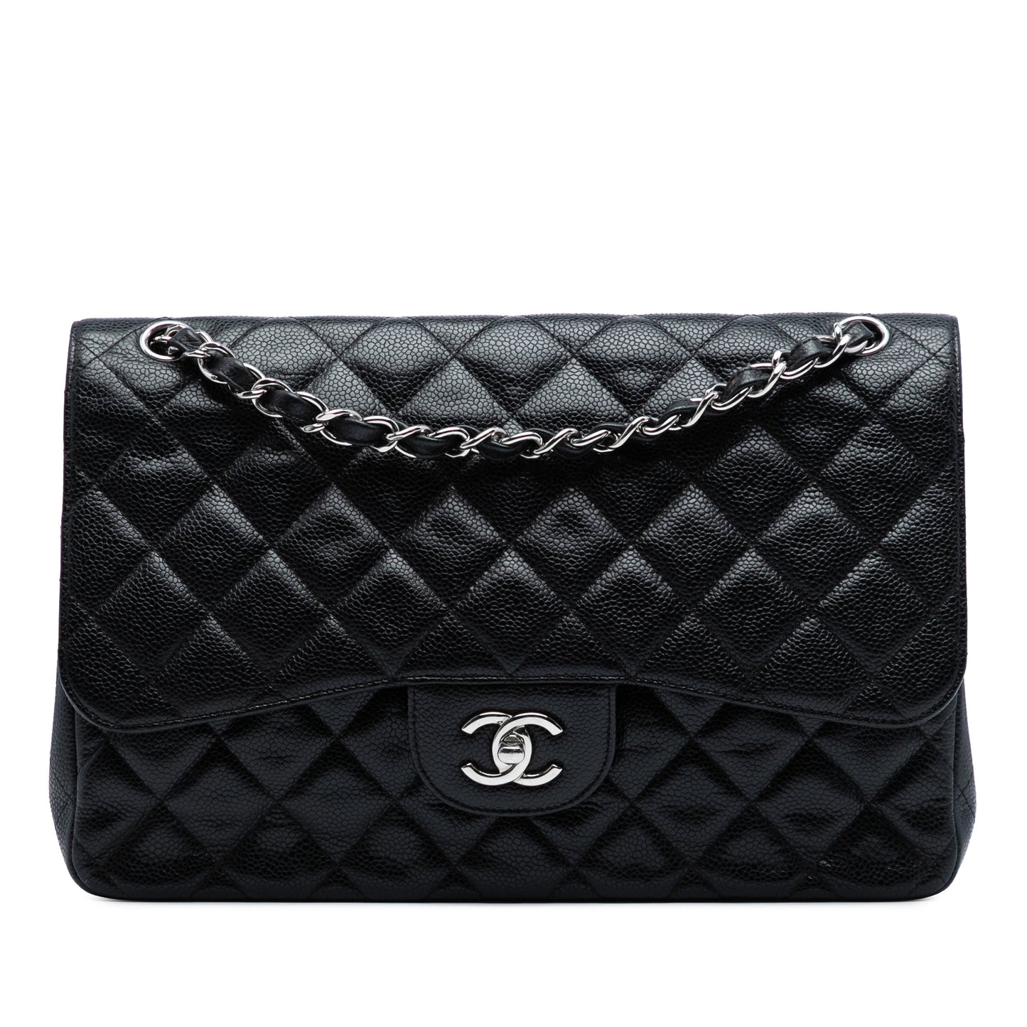 Chanel Classic Double Flap Jumbo in Pelle di Caviale Nera – Hardware Argento - Etoilux