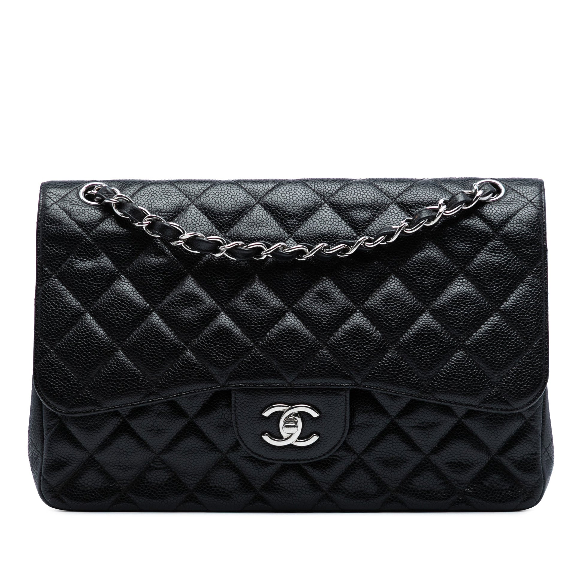 Chanel Classic Double Flap Jumbo in Pelle di Caviale Nera – Hardware Argento - Etoilux