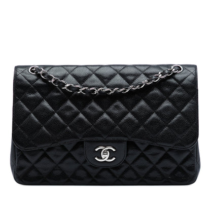 Chanel Classic Double Flap Jumbo in Pelle di Caviale Nera – Hardware Argento - Etoilux
