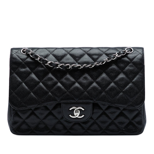 Chanel Classic Double Flap Jumbo in Pelle di Caviale Nera – Hardware Argento - Etoilux