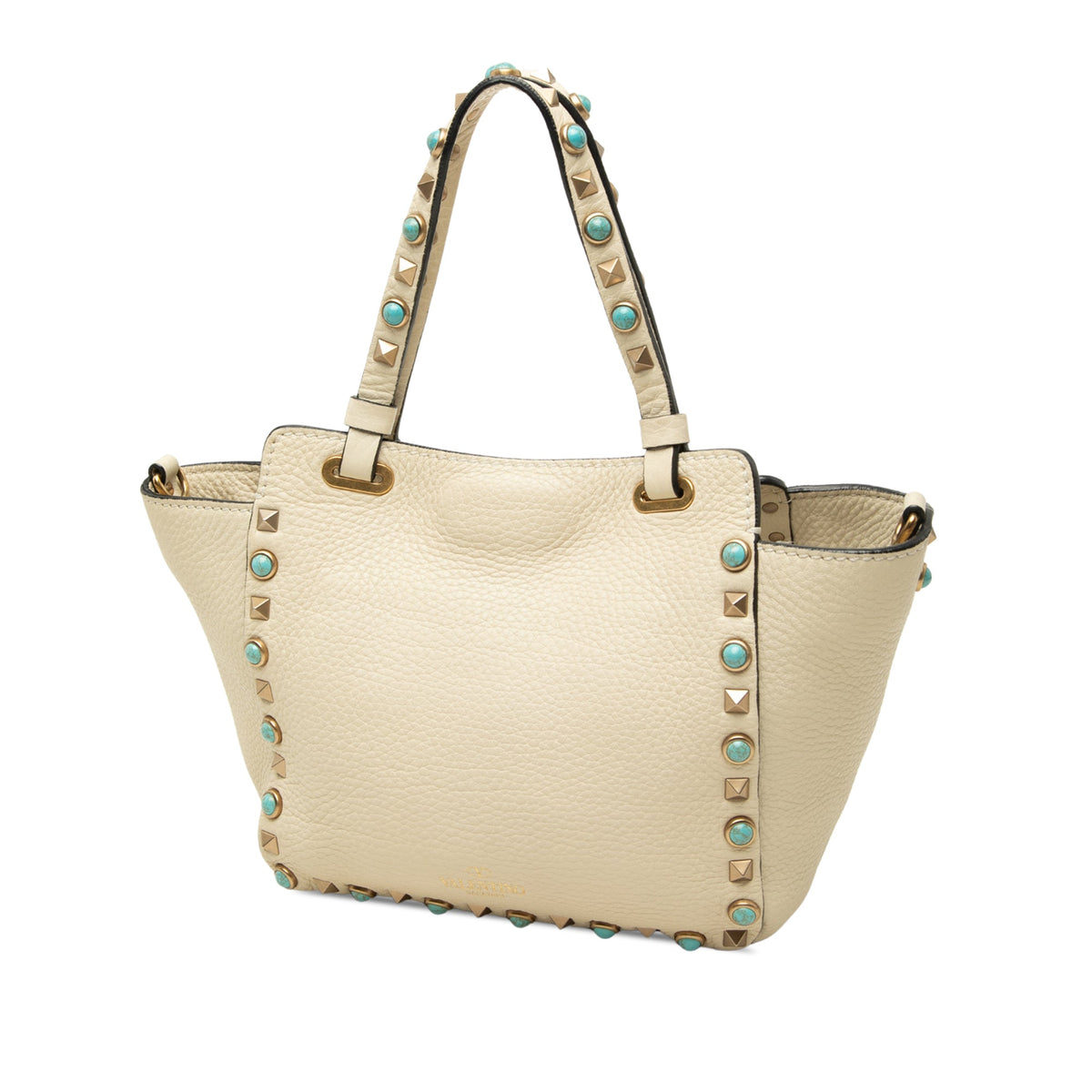 Valentino Garavani Rockstud Rolling Mini Tote – Vitello Martellato Avorio e Cabochon Turchese – 18,5 cm - Etoilux