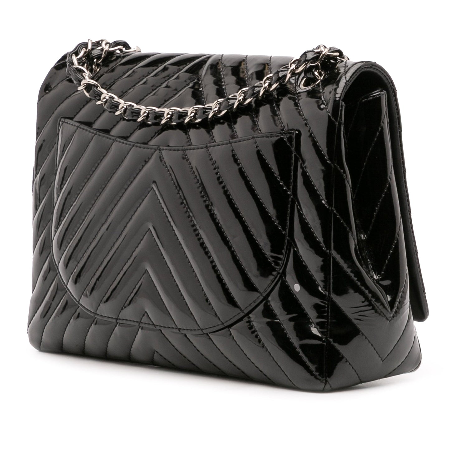 Chanel – Maxi Classic Chevron Patent Single Flap in pelle verniciata nera - Etoilux
